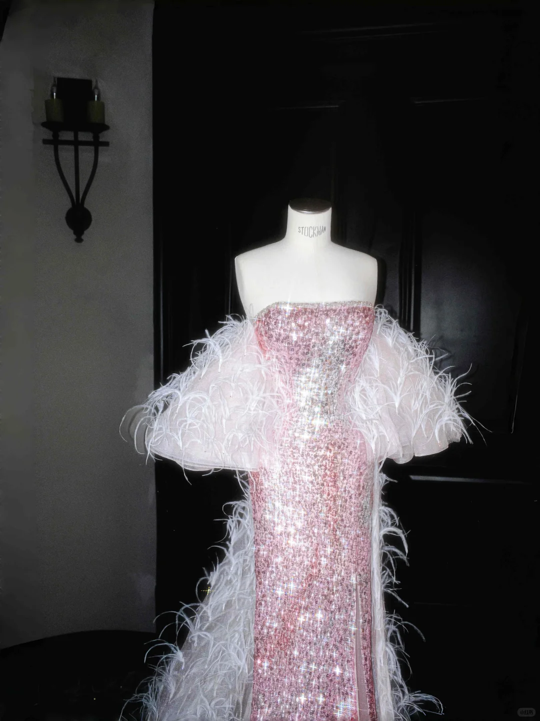 Pink Mermaid Strapless White Feather Sequin Prom Dress Party Dress DP2690