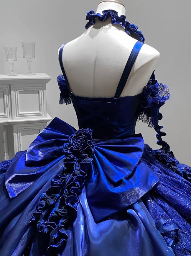 Dark Blue Ball Gown Spaghetti Strap Bow Lace Satin Prom Dress DP4160