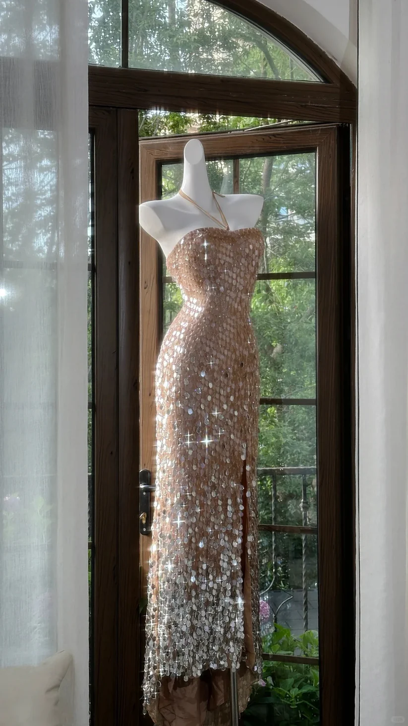 Champagne Shiny Sequin Mermaid Halter Prom Dress Date Dress with Slit DP2908