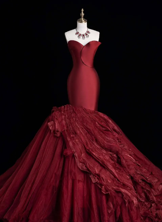 2025 New Mermaid Sweetheart Neck Burgundy Satin Tulle Long Prom Dress Graduation Prom Dress DP2053