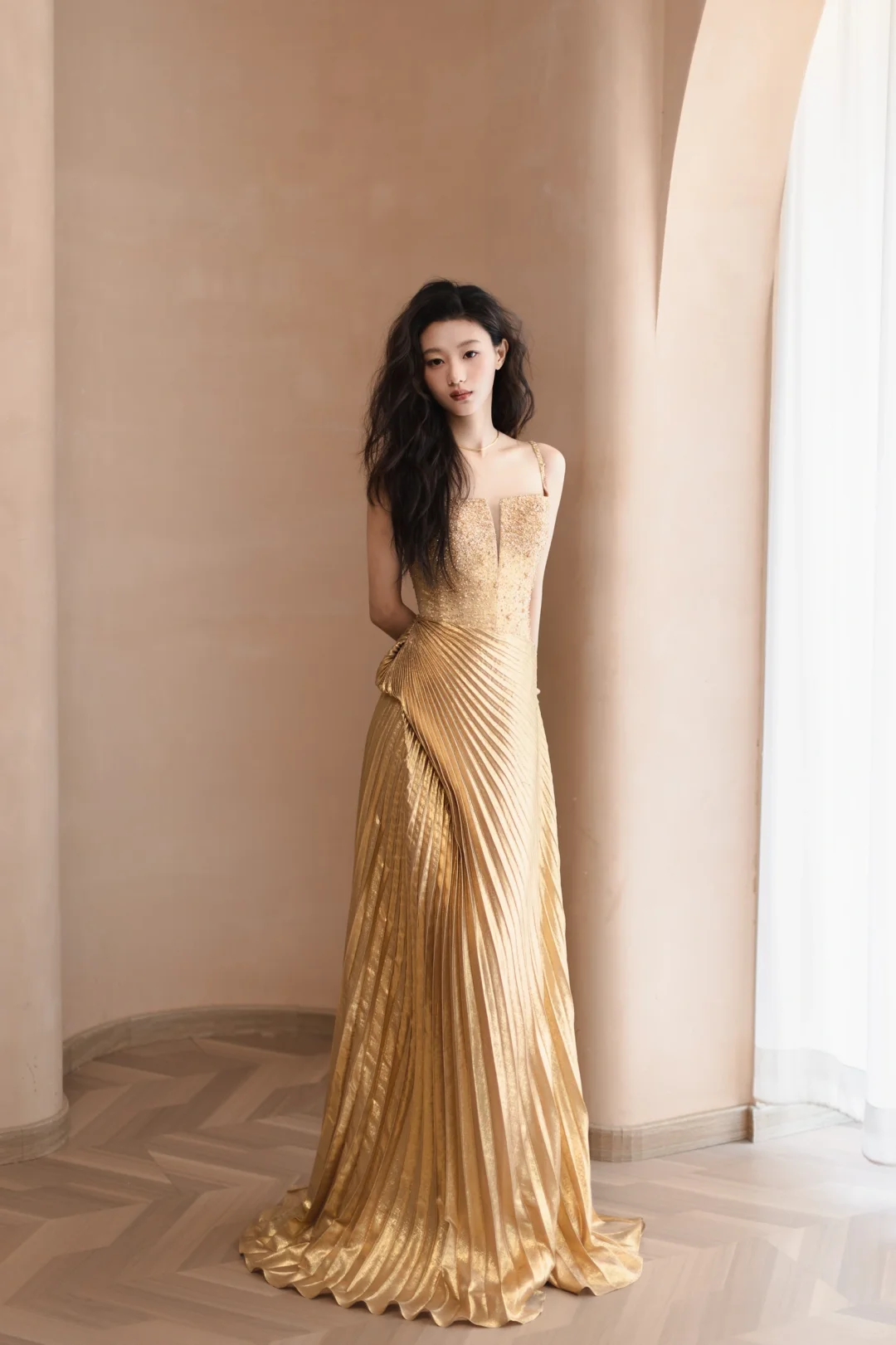 Golden A Line Spaghetti Strap Beaded Pleated Satin Long Prom Dress Formal Dress DP3331