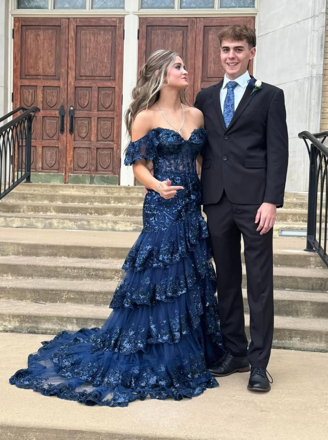 Navy Blue A Line Strap Exquisite Sequin Layered Tulle Prom Dress Evening Dress Date Dress DP3468