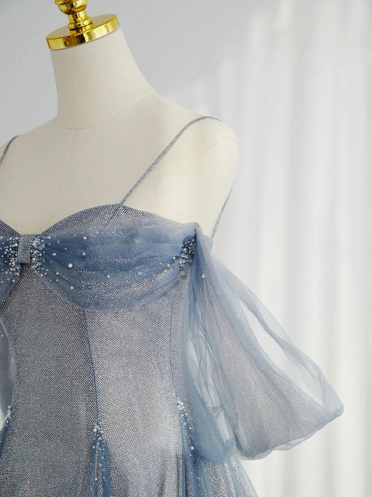 Blue Tulle Long Prom Dress A-Line Off The Shoulder Evening Party Dress DP147