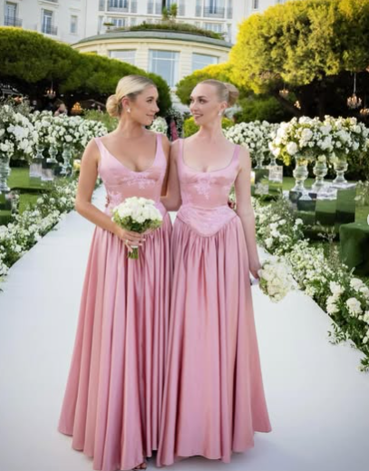 Elegant Pink A Line V Neck Appliques Satin Prom Dress Evening Dress DP1210