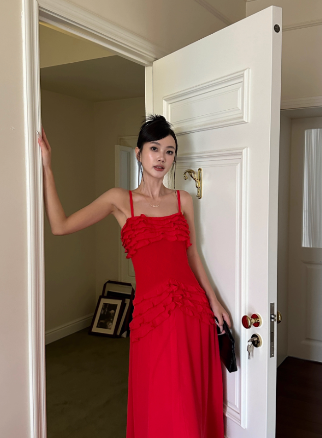 Charming Red A Line Spaghetti Strap Chiffon Prom Dress Date Dress Outfits DP3457