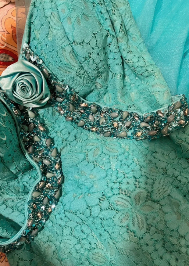 Vintage Mermaid Spaghetti Strap Beaded Blue Lace Tulle Prom Dress Wedding Guest Dress DP4278