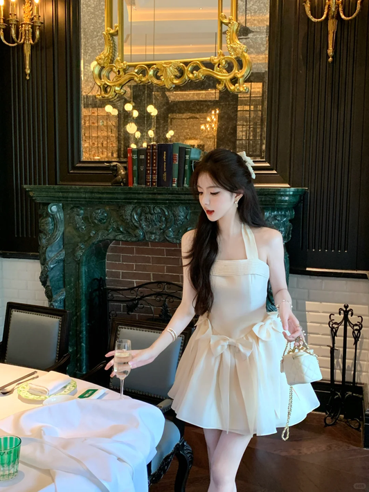 Cute A Line Halter Light Champagne Satin Short Homecoming Dress with Bow DP2698