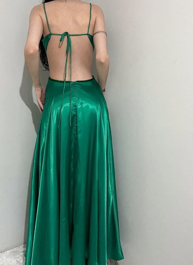 Charming A Line Spaghetti Strap Beaded Green Satin Open Back Prom Dress Evening Dress DP2140
