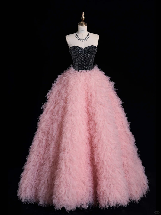 2025 New A Line Sweetheart Neck Black Beaded Pink Tulle Long Prom Dress Evening Dress DP2128