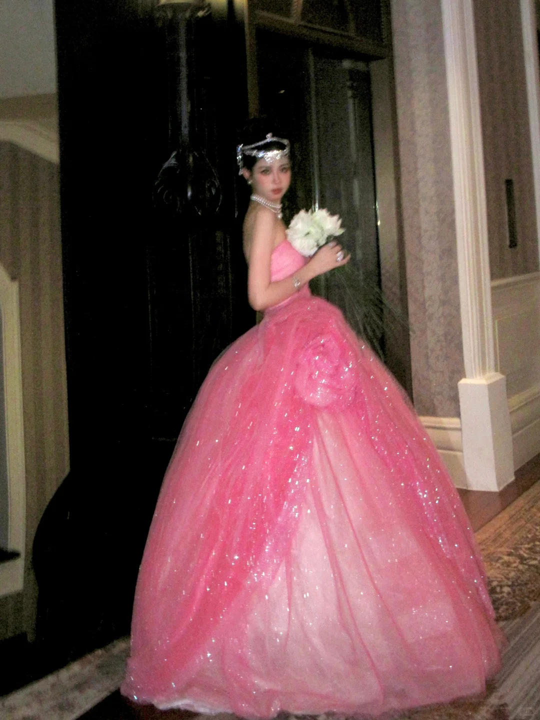 Pink Ball Gown Strapless Floral Sequin Pink Tulle Long Party Dress Evening Dress DP2417