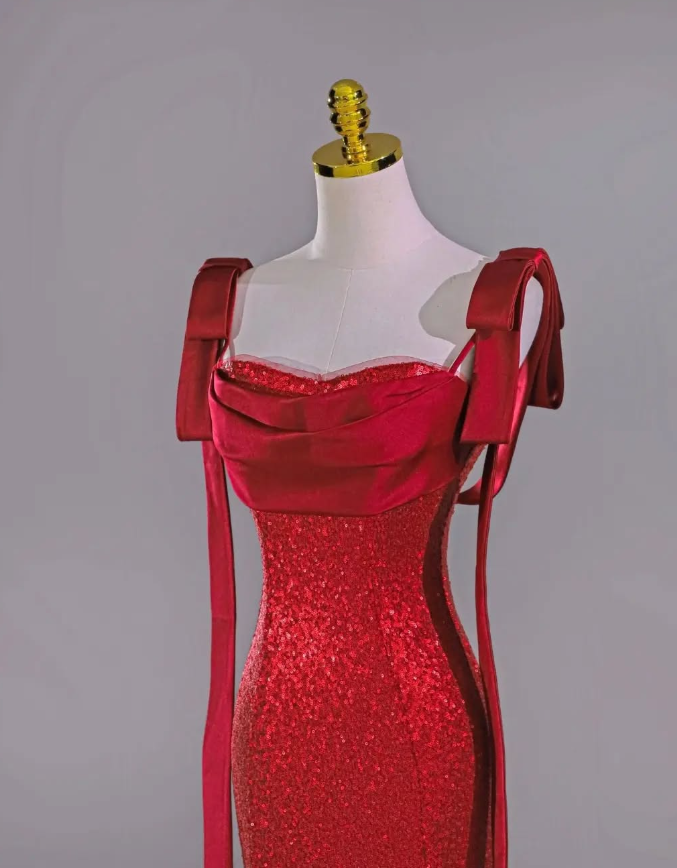 Elegant Mermaid Straps Red Sequin Long Prom Dress Graduation Prom Dress DP2050