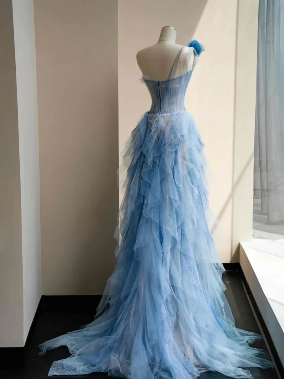 Gentle A Line One Shoulder Blue Tiered Flower Tulle Long Party Dress Evening Dress DP2410