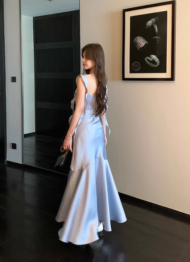 Gentle Blue Mermaid Straps Satin Prom Dress Formal Dress Evening Dress DP3452
