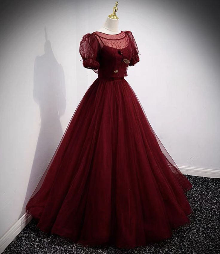 Burgundy Tulle A Line Long Prom Dress Party Evening Dress DP003
