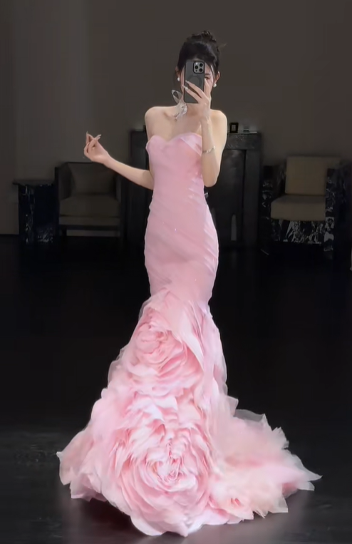 Gentle Mermaid Sweetheart Neck Layered Pink Tulle Long Party Dress Evening Dress DP2416