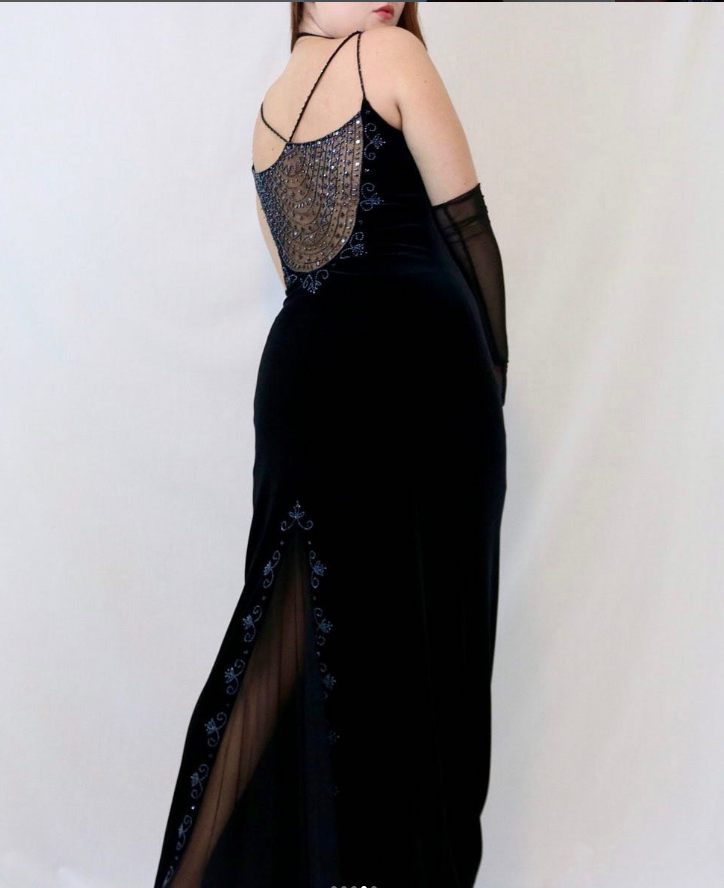 Vintage Sheath Spaghetti Straps Beads Black Satin Evening Dress Prom Dress DP1446