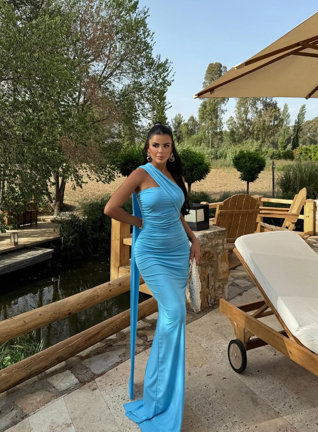 Blue Sheath One Shoulder Satin Long Prom Dress Party Dress DP8216