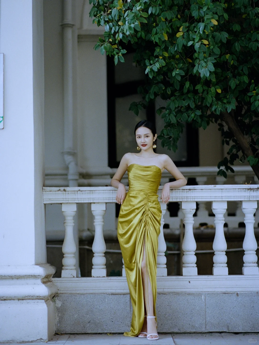 Turmeric Sheath Off the Shoulder Satin Party Dress Prom Dress with Slit DP2540