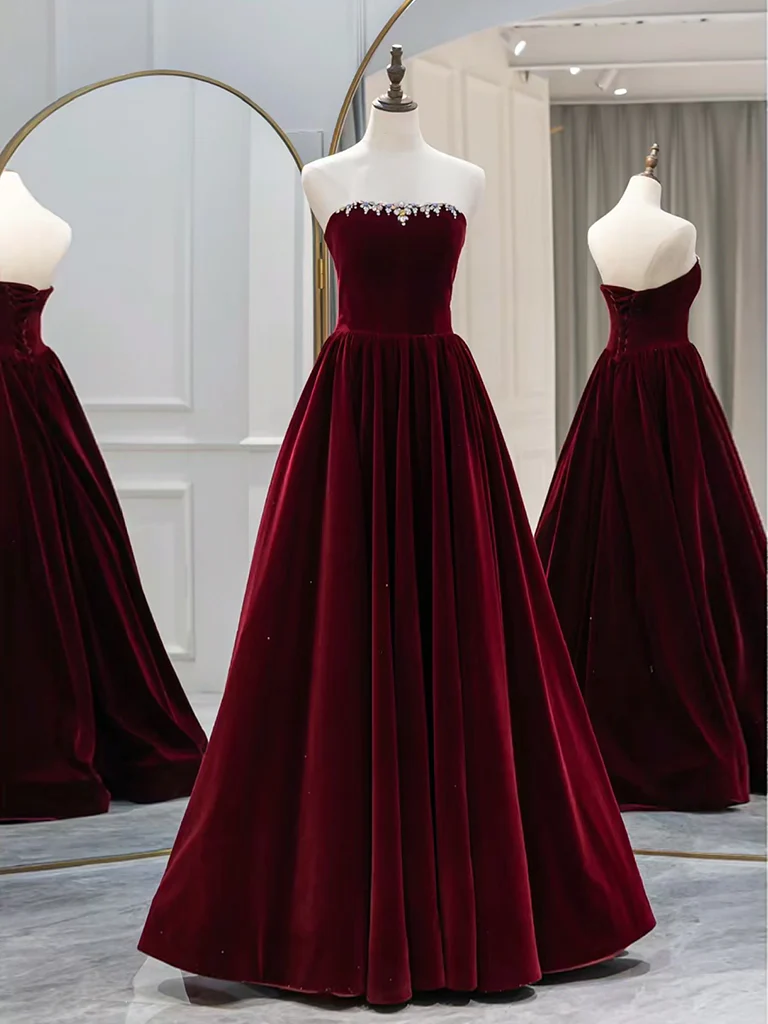 Burgundy Strapless Velvet Long Prom Dress Evening Dress With Beaded DP033