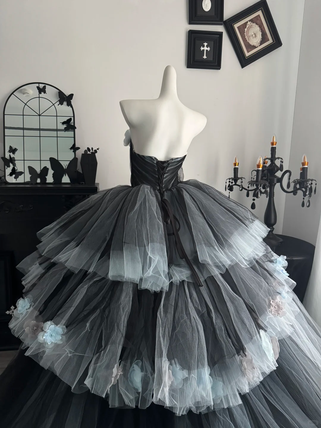 Grey Ball Gown Strapless Floral Layered Tulle Prom Dress Quinceanera Dress DP6971