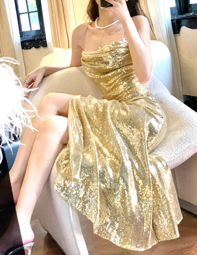 Shiny Golden Mermaid Spaghetti Strap Sequin Prom Dress 16th Birthday Dress with Slit DP3570