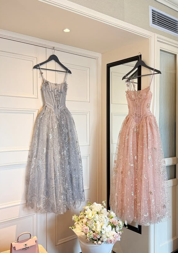 Dreamy Pink A Line Spaghetti Straps Embroidered Beaded Tulle Prom Dress Evening Dress DP6135