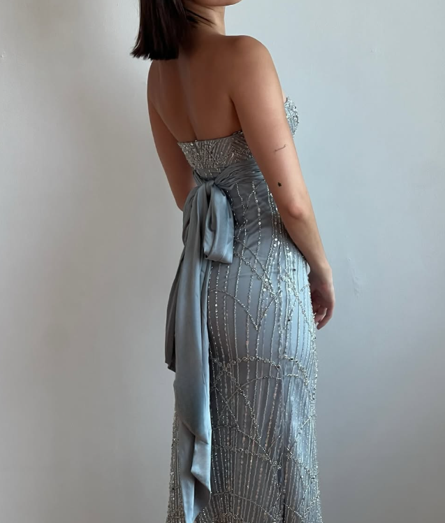 Grey Sheath Spaghetti Strap Sequin Tulle Satin Long Prom Dress Evening Dress DP4767