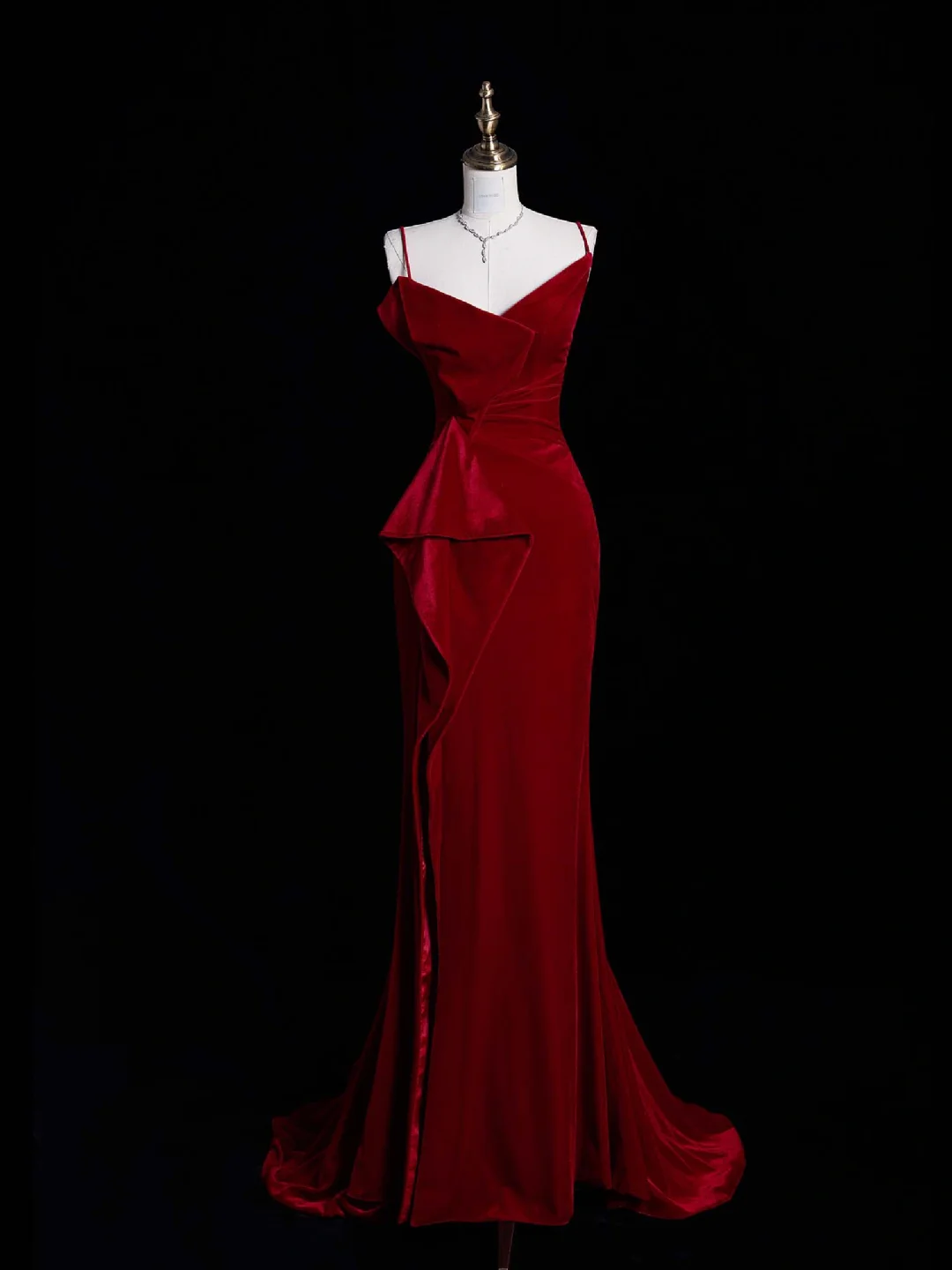 New Mermaid Spaghetti Strap Burgundy Velvet Long Evening Dress Party Dress DP2293