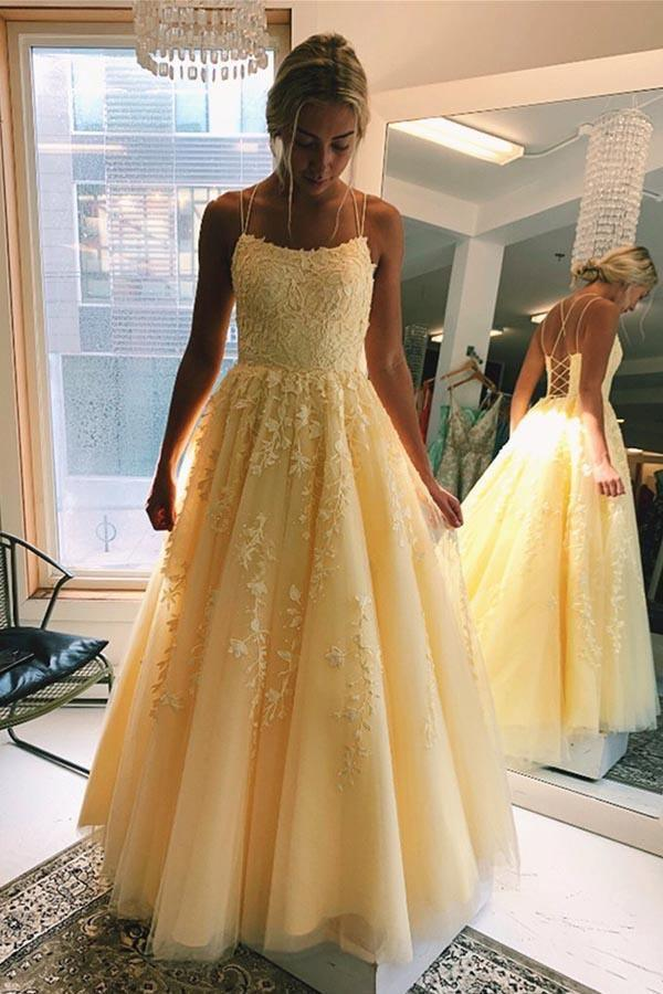 A-line Round Neck Tulle Lace Yellow Prom Dress Formal Dress DP2126