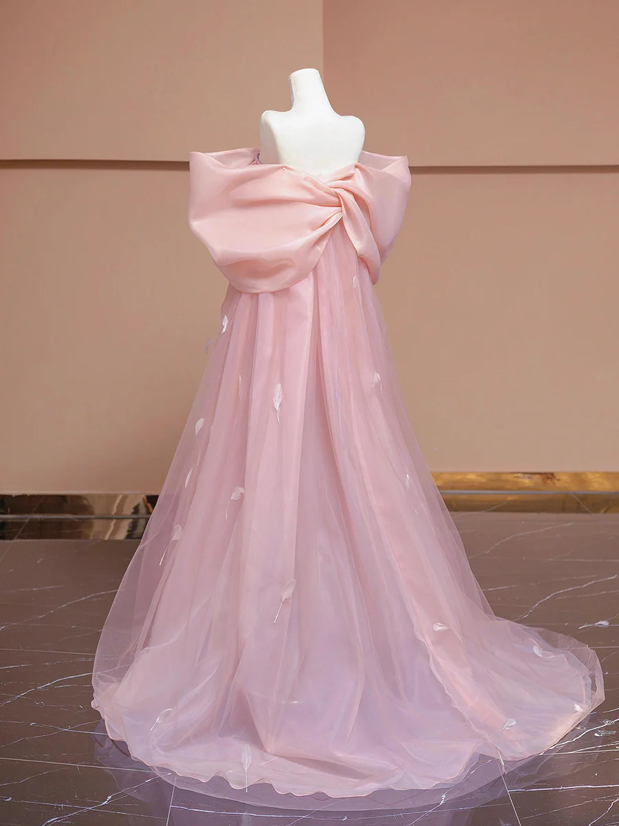 Pink Bow Floor Length Prom Dress, Lovely A-Line Princess Off the Shoulder Formal Dress DP2021