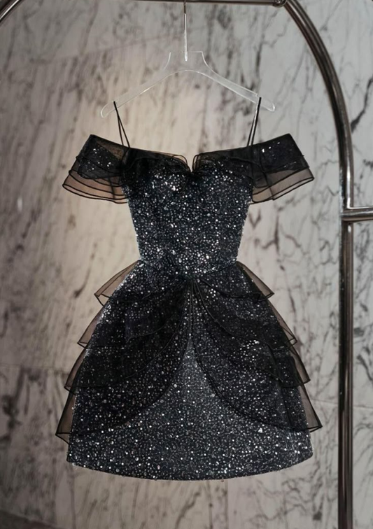 Sexy A Line Off the Shoulder Layered Black Sequin Homecoming Dress Cocktail Dress DP2605