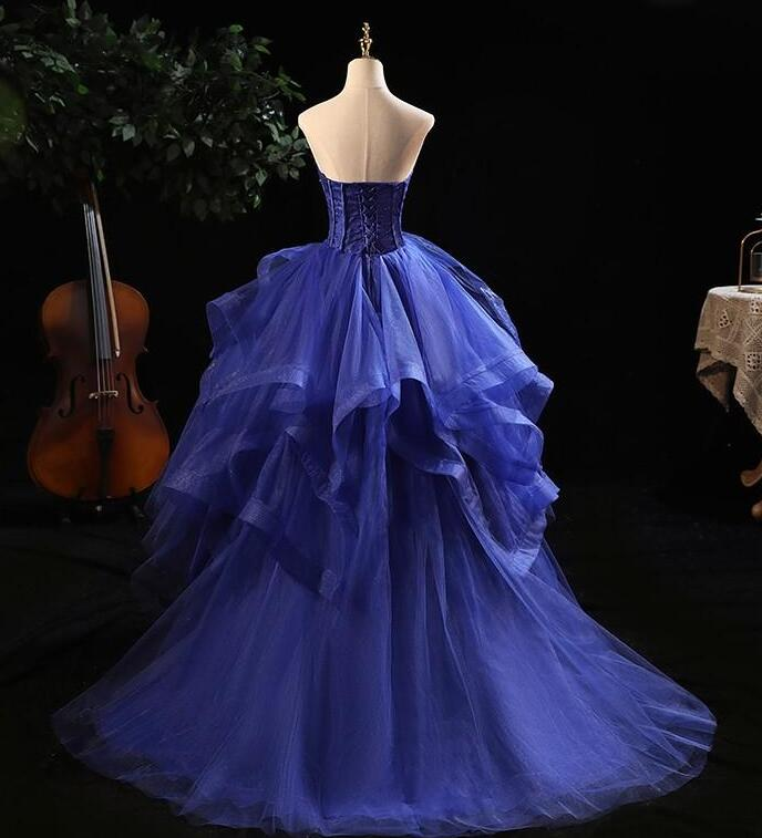 Vintage High Low Blue Ruffles Tiered Beaded Prom Dress Party Dress DP111