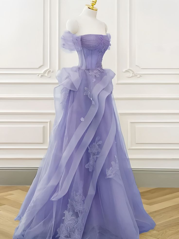 Off Shoulder Tulle Ruffles Purple Appliques Prom Dress DP277