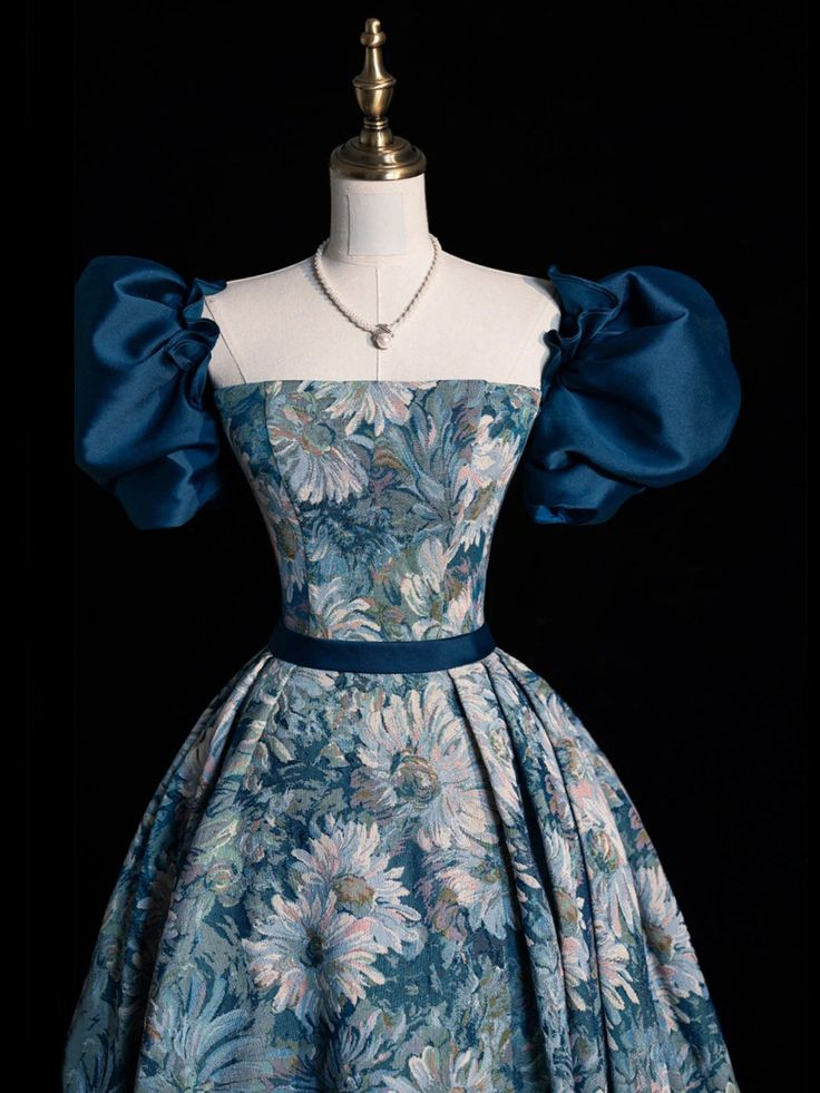 Blue Printed Long Prom Dress A Line Ball Gown Evening Dress DP121