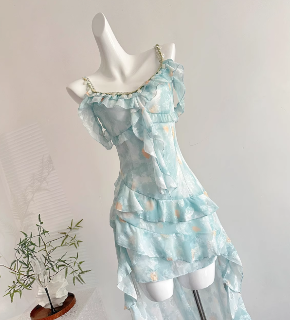 Blue A Line Spaghetti Strap Beaded Layered Chiffon Vacation Dress Homecoming Dress Outfits DP3547