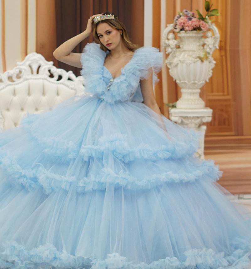 Baby Blue Straps Tulle Ball Gown Sweet 16 Dress Quinceanera Dress DP1884