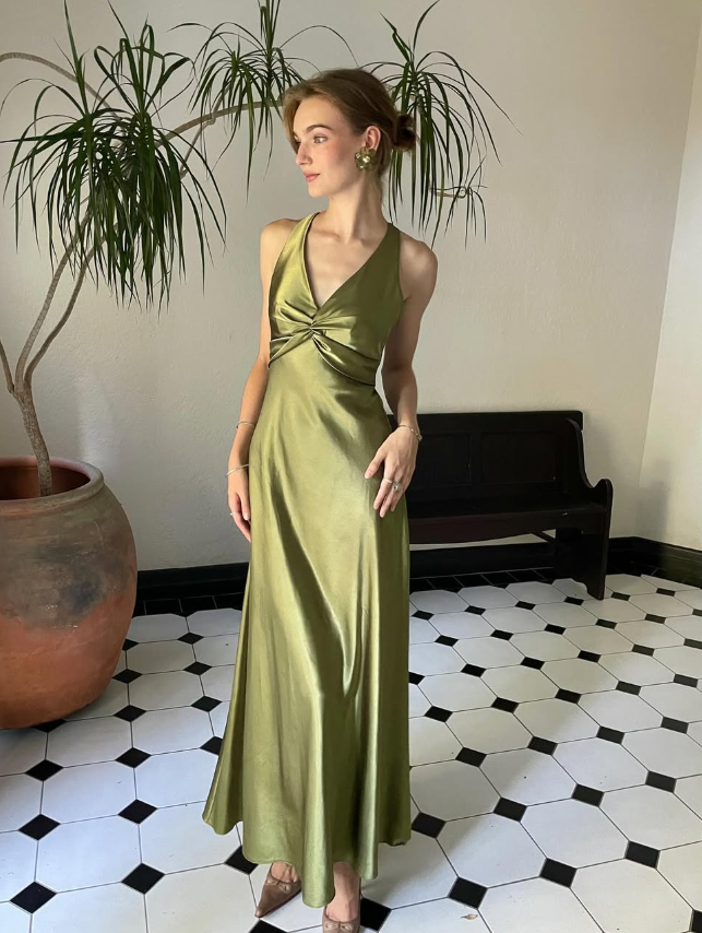 Green Sheath Halter Bow Satin Open Back Prom Dress Graduation Prom Dress DP2165