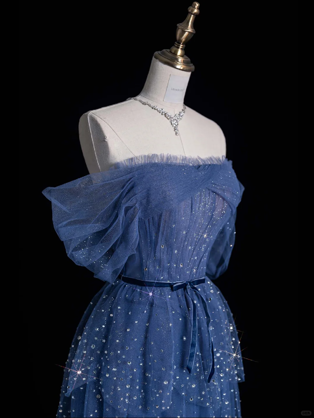 Blue A Line Off the Shoulder Rhinestone Tiered Tulle Long Prom Dress Evening Dress DP2181