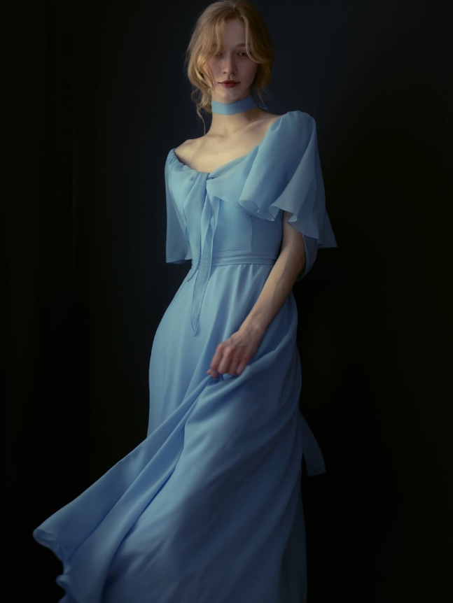 Flowy Chambray Blue A Line Long Sleeve Prom Dress Evening Dress Formal Dress DP3153