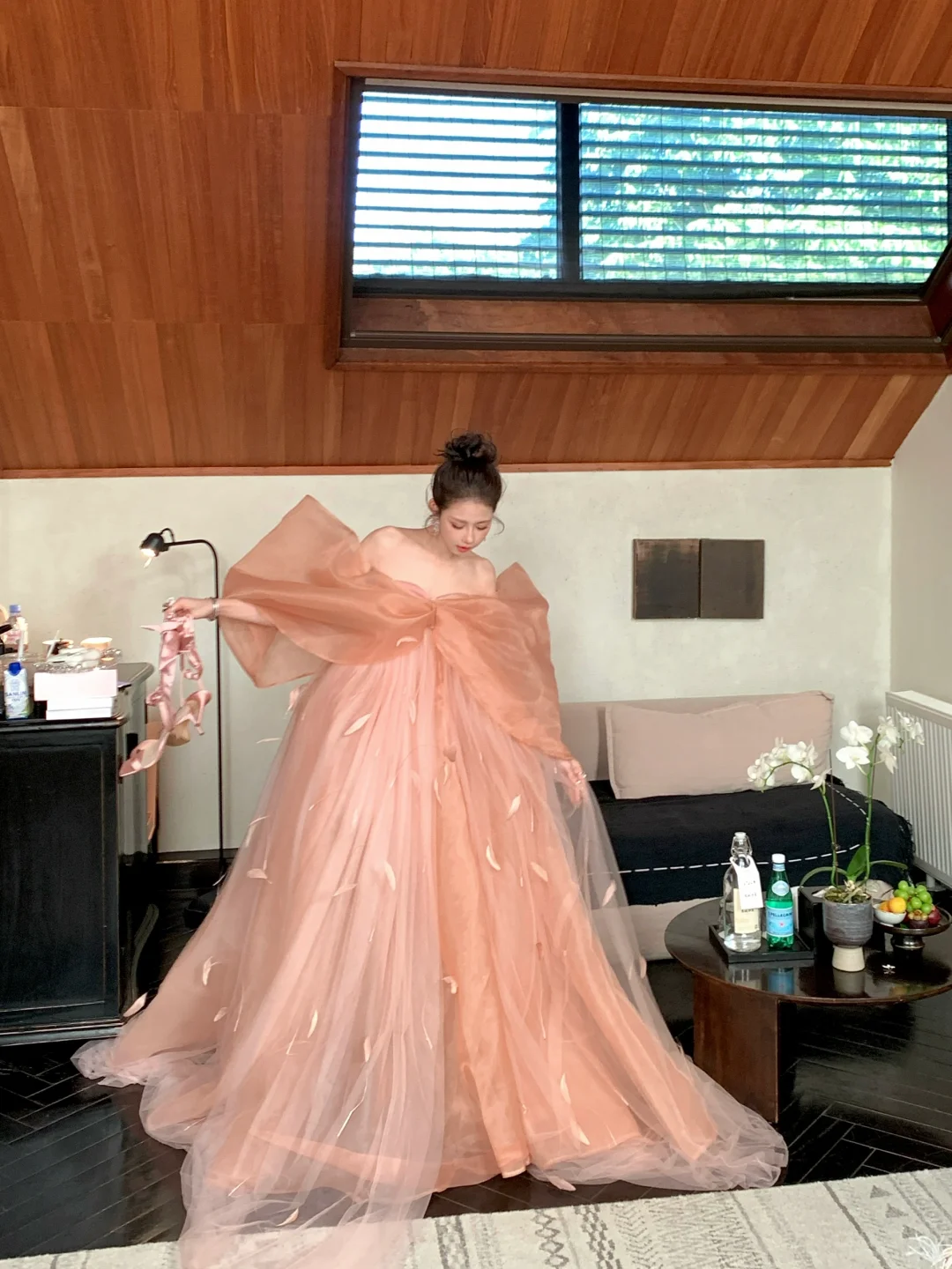 Gorgeous A Line Off the Shoulder Bow Feather Tulle Organza Long Party Dress Prom Dress DP2527
