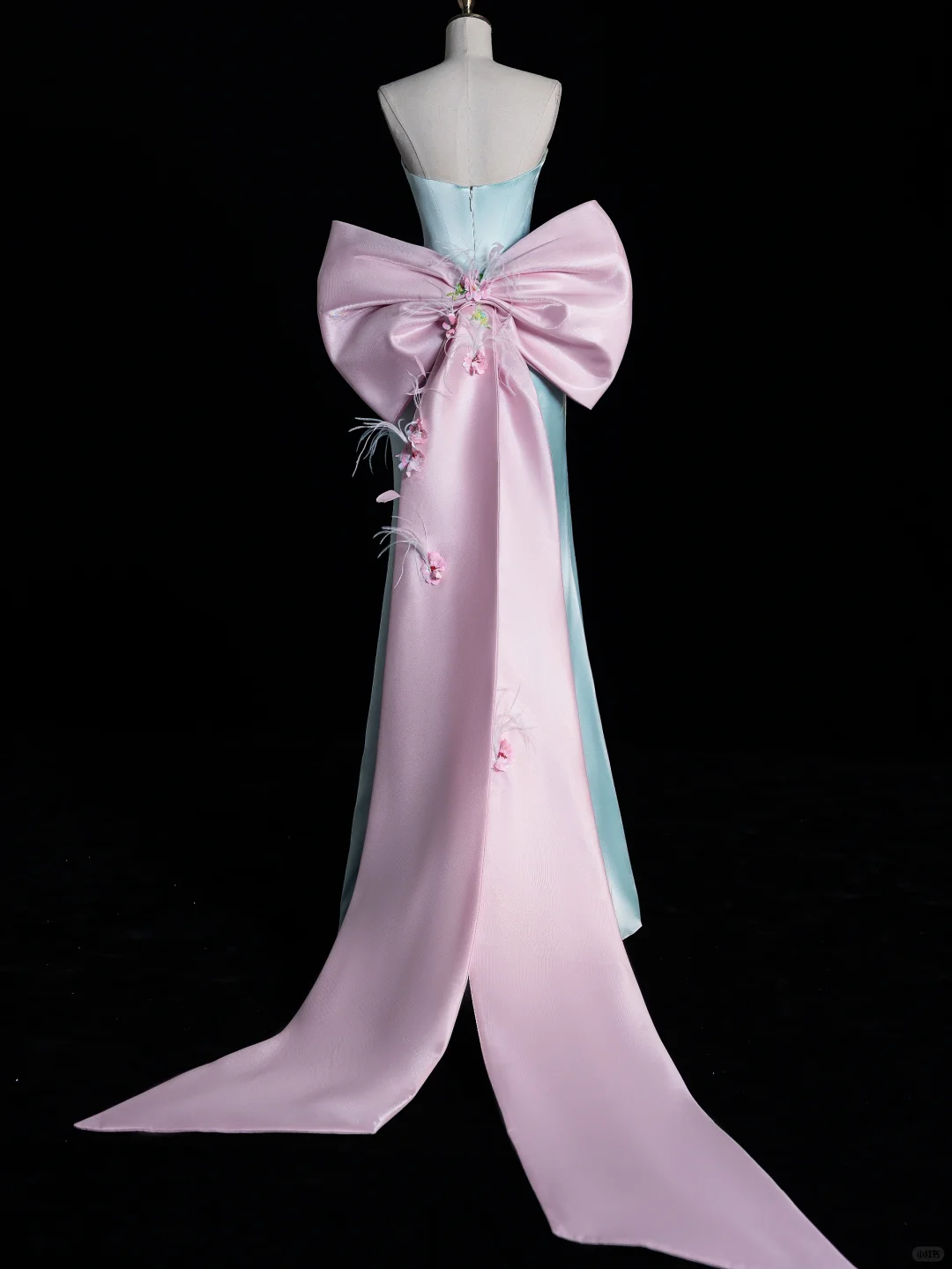 Cute A Line Sweetheart Neck Pink Bow Blue Satin Long Prom Dress Graduation Prom Dress DP2048
