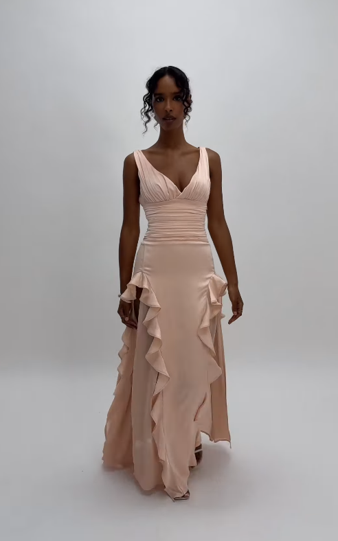 Sexy A Line V Neck Satin Prom Dress Evening Dress with Slit DP4404