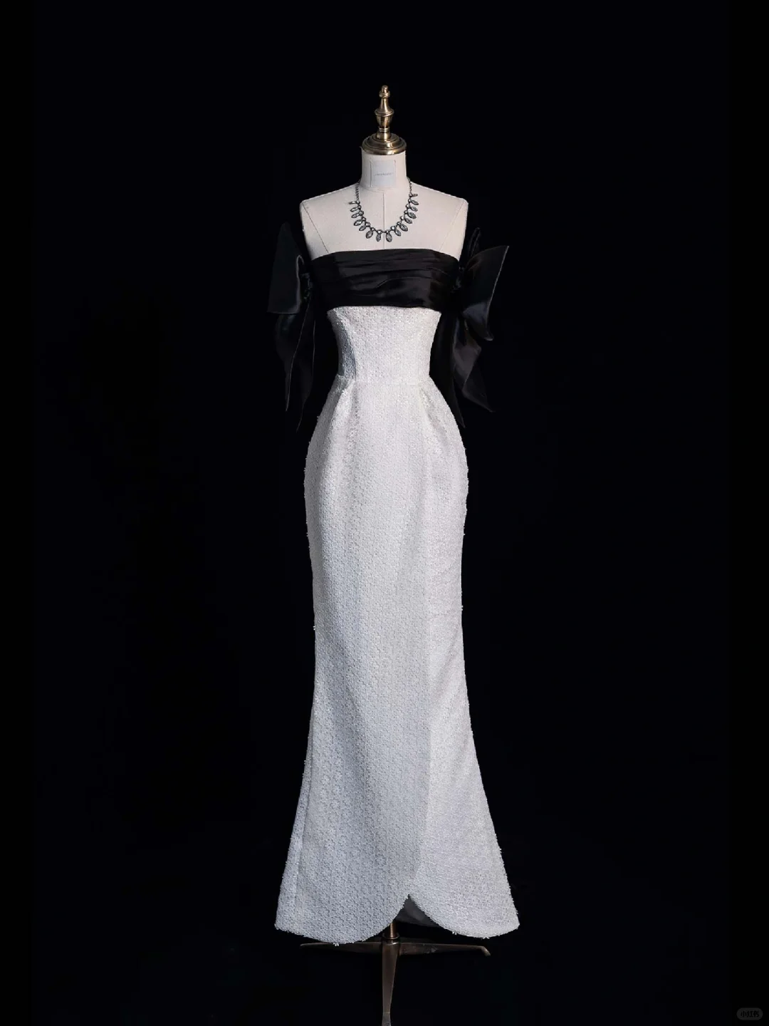 Cute Mermaid Off the Shoulder Black Bow White Lace Long Evening Dress Party Dress DP2294