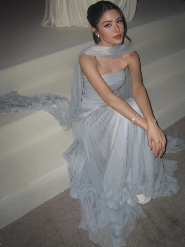 Flowy A Line Strapless Blue Chiffon Long Prom Dress Party Dress DP2750