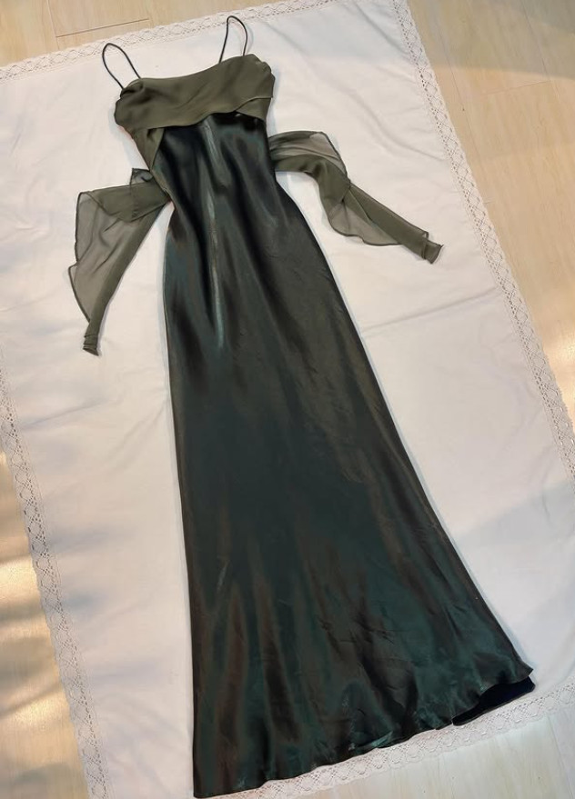 Vintage Dark Green Simple Sheath Chiffon Satin Prom Dress Evening Dress Date Dress DP5280