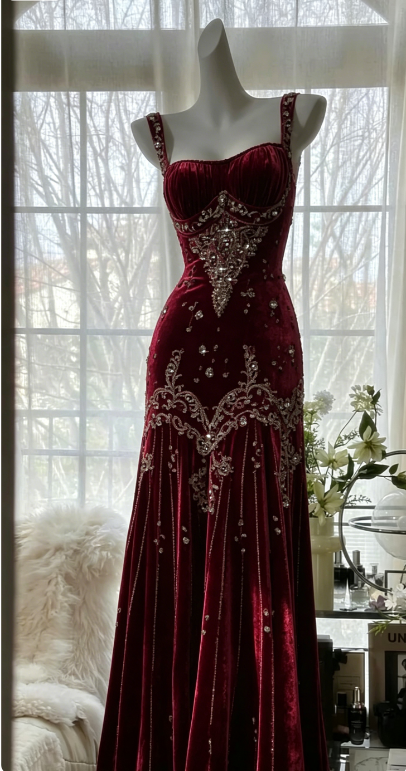 Vintage Burgundy A Line Straps Beaded Velvet Prom Dress Evening Dress DP5255