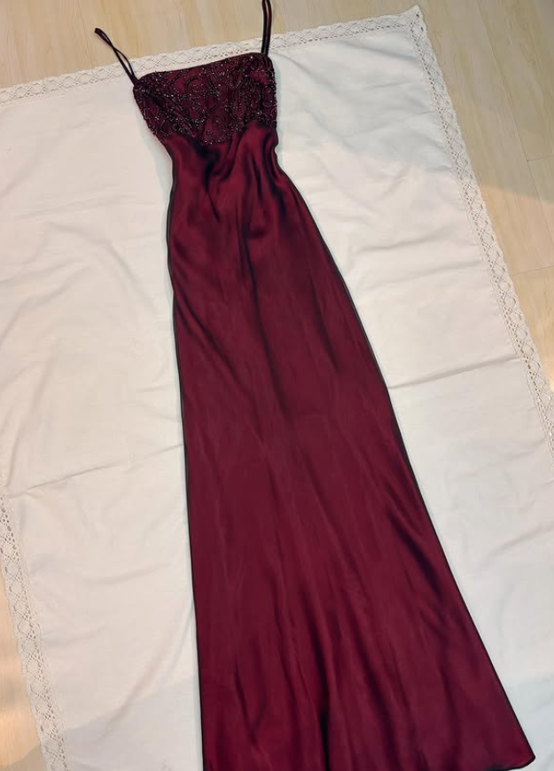 Vintage Sheath Straps Black Chiffon Burgundy Satin Prom Dress Evening Dress Date Dress DP5287