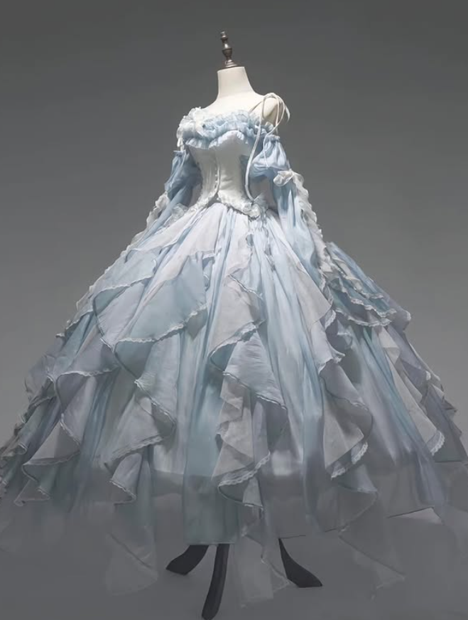 Baby Blue Ball Gown Spaghetti Strap Layered Chiffon Prom Dress Party Dress DP4204