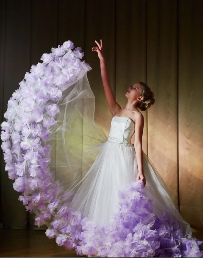 Elegant A Line Strapless Purple Floral Satin Tulle Long Prom Dress Evening Dress DP1821