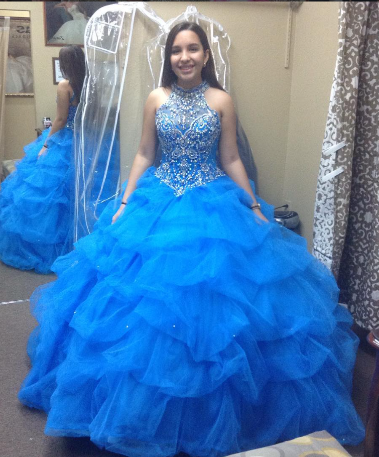 Blue Ball Gown Halter Beaded Layered Tulle Prom Dress Quinceanera Dress DP4833